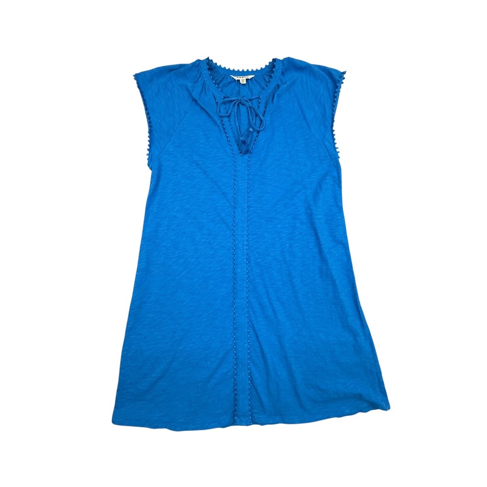 Boden T-Shirt Dress Women 10R Blue Pom Pom Trim Tie Neck Slub Cotton Tunic
